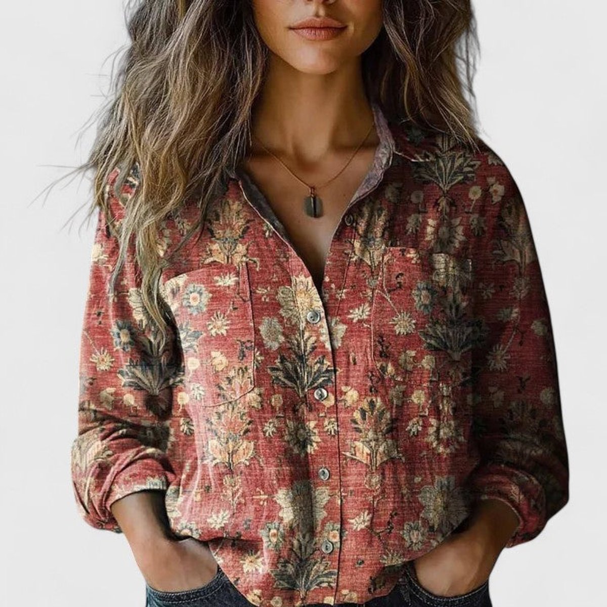 Camisa Bohemia Floral de Manga Larga con Botones para Mujer