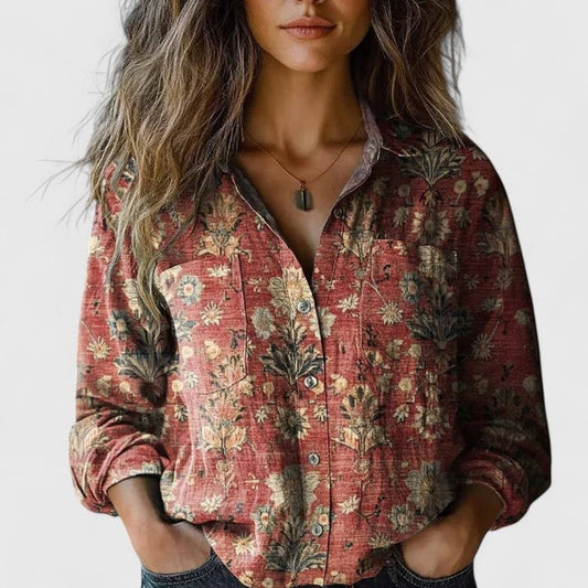 Camisa Bohemia Floral de Manga Larga con Botones para Mujer