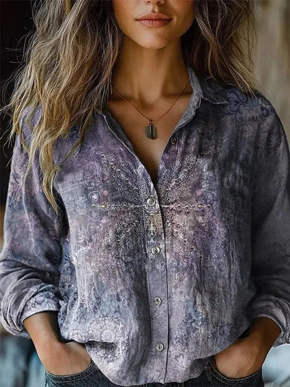 Camisa Bohemia Floral de Manga Larga con Botones para Mujer