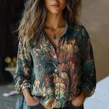 Camisa Bohemia Floral de Manga Larga con Botones para Mujer