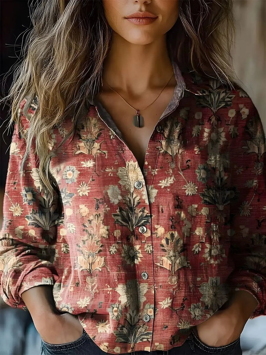 Camisa Bohemia Floral de Manga Larga con Botones para Mujer