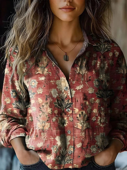 Camisa Bohemia Floral de Manga Larga con Botones para Mujer