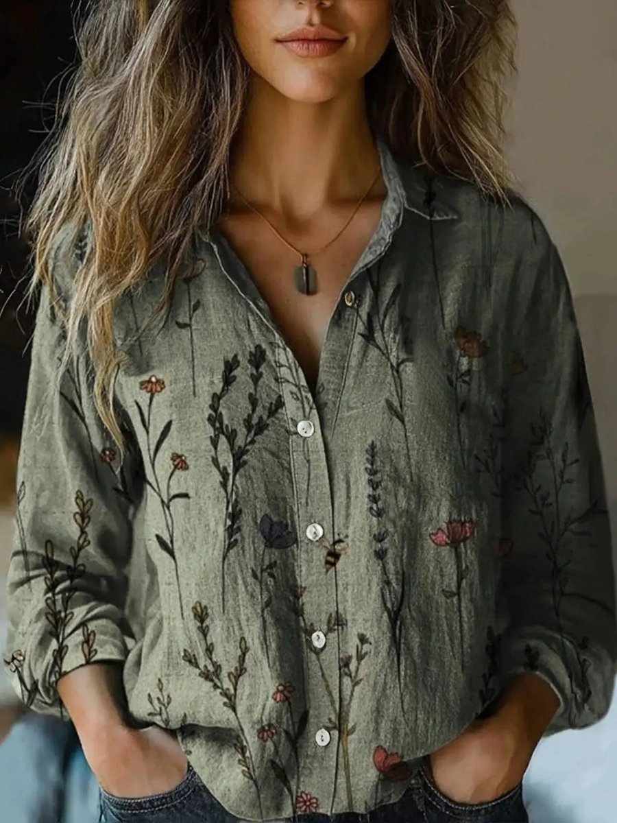 Camisa Bohemia Floral de Manga Larga con Botones para Mujer