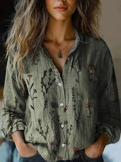Camisa Bohemia Floral de Manga Larga con Botones para Mujer