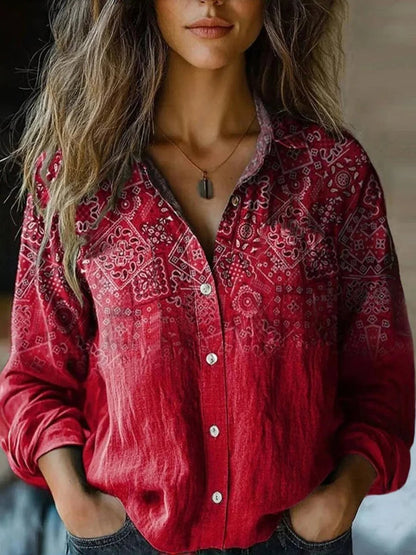 Camisa Bohemia Floral de Manga Larga con Botones para Mujer