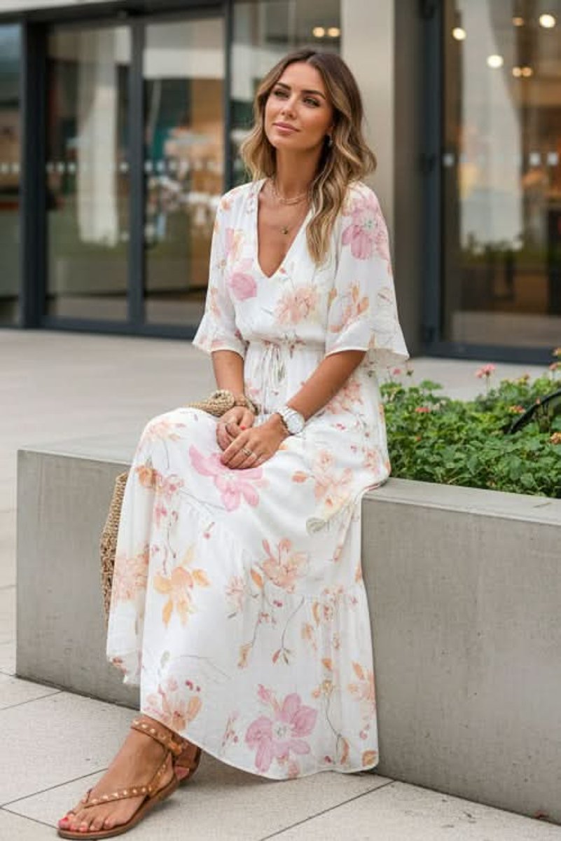 Vestido Largo Bohemio de Noche con Estampado Floral y Cuello en V para Mujer con Cintura Ajustable