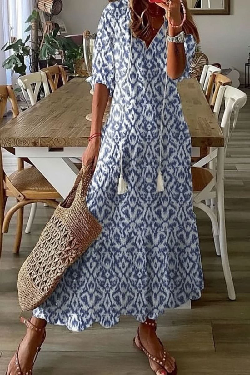 Vestido Largo Bohemio de Noche con Estampado Floral y Cuello en V para Mujer con Cintura Ajustable