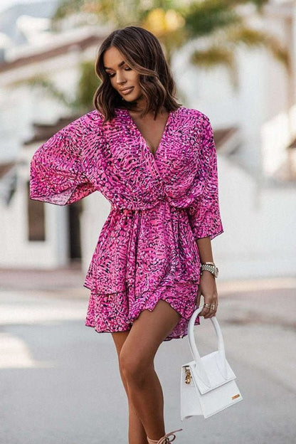 Vestido Mini de Cóctel Bohemio con Estampado Tropical y Escote en V para Mujer