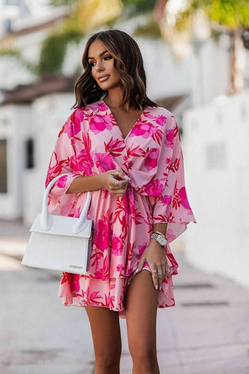 Vestido Mini de Cóctel Bohemio con Estampado Tropical y Escote en V para Mujer