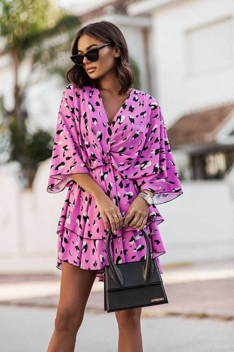 Vestido Mini de Cóctel Bohemio con Estampado Tropical y Escote en V para Mujer