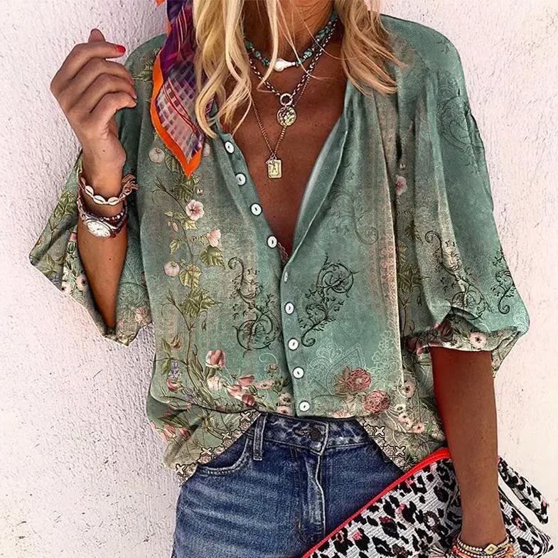 Blusa Bohemia Floral de Manga Larga con Cuello en V para Mujer