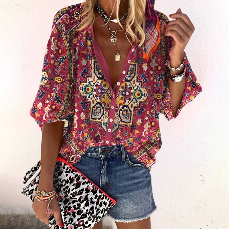 Blusa Bohemia Floral de Manga Larga con Cuello en V para Mujer