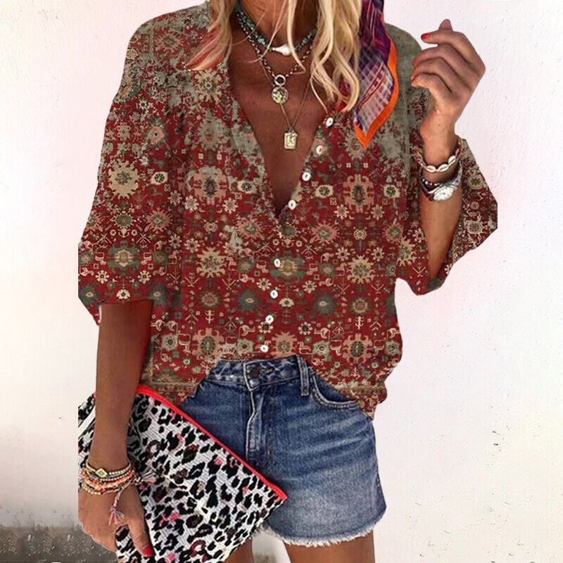 Blusa Bohemia Floral de Manga Larga con Cuello en V para Mujer