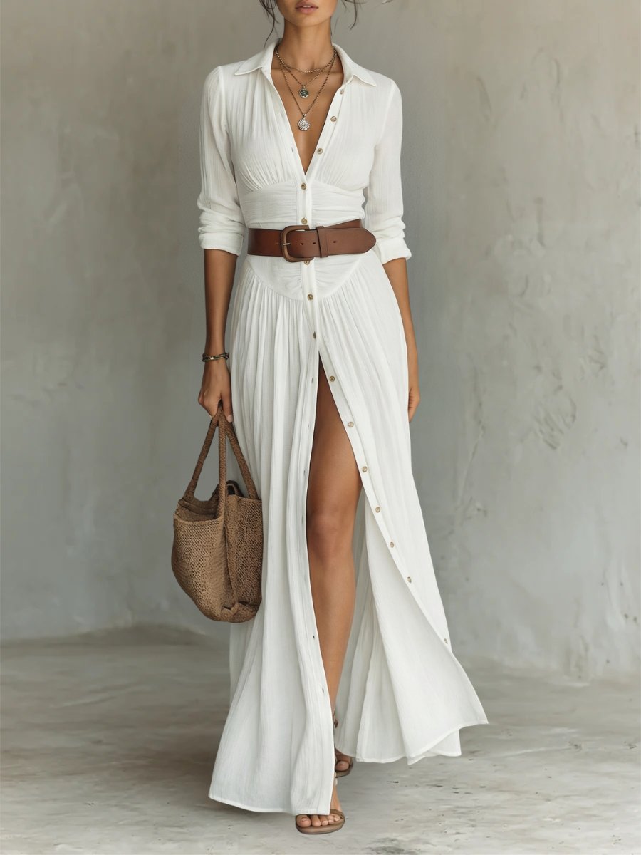Vestido maxi camisero bohemio con cinturón para mujer