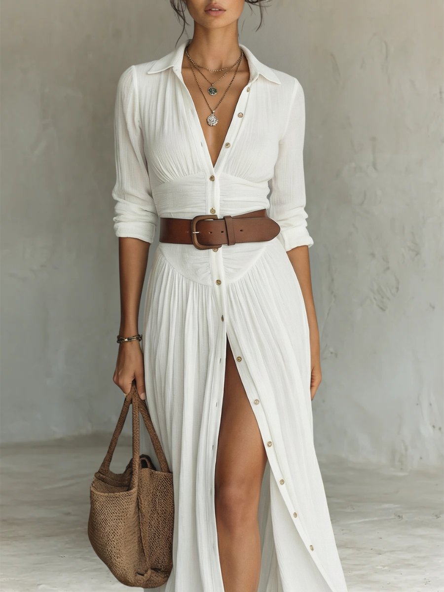 Vestido maxi camisero bohemio con cinturón para mujer