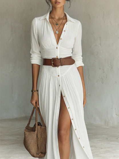 Vestido maxi camisero bohemio con cinturón para mujer