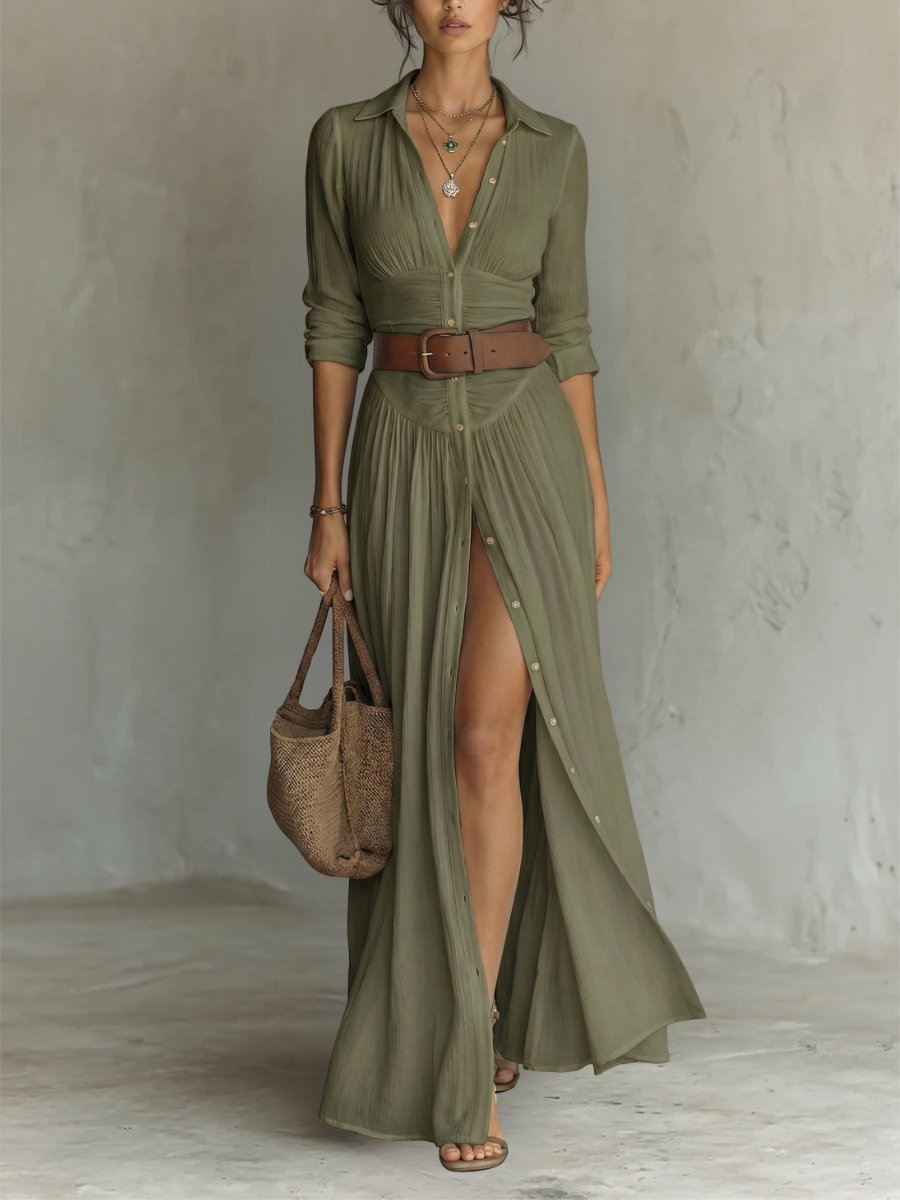 Vestido maxi camisero bohemio con cinturón para mujer