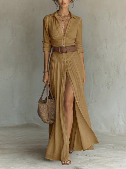 Vestido maxi camisero bohemio con cinturón para mujer