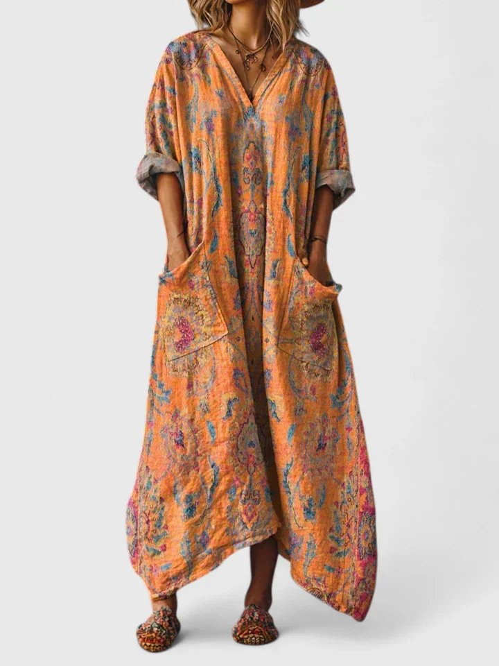 Vestido Maxi Bohemio Oversize de Algodón con Estampado Paisley y Bolsillos para Mujer
