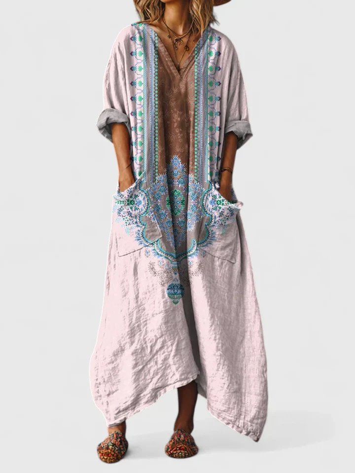 Vestido Maxi Bohemio Oversize de Algodón con Estampado Paisley y Bolsillos para Mujer