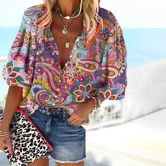 Blusa Boho con Estampado Paisley y Cuello en V Manga 3/4 para Mujer