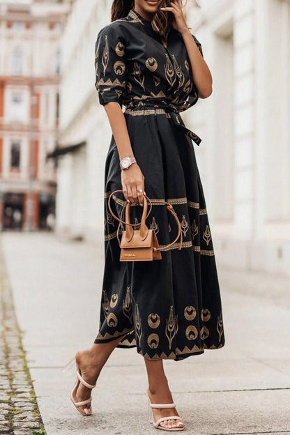 Vestido Midi con Estampado Bohemio y Cinturón para Mujer
