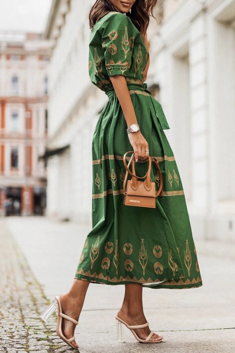 Vestido Midi con Estampado Bohemio y Cinturón para Mujer