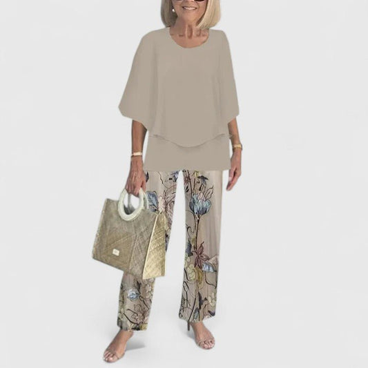 Conjunto para Mujer de Blusa Manga Murciélago con Estampado Botánico y Pantalón Ancho
