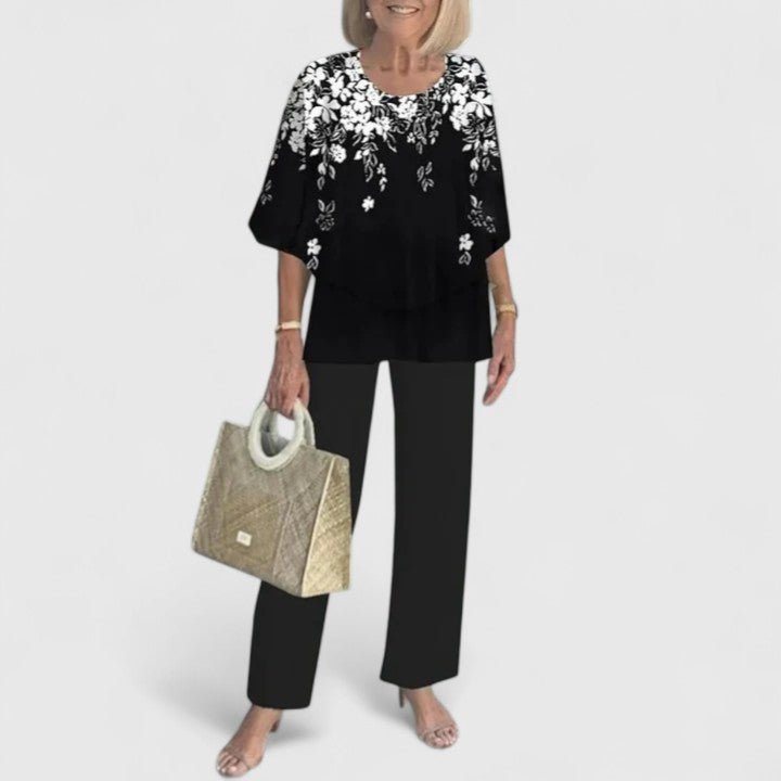 Conjunto para Mujer de Blusa Manga Murciélago con Estampado Botánico y Pantalón Ancho