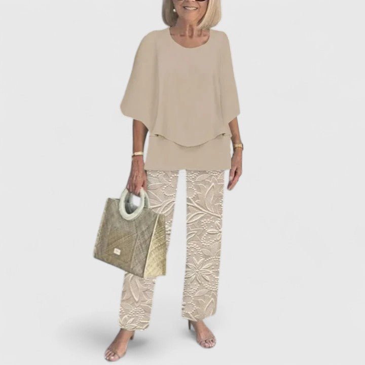 Conjunto para Mujer de Blusa Manga Murciélago con Estampado Botánico y Pantalón Ancho