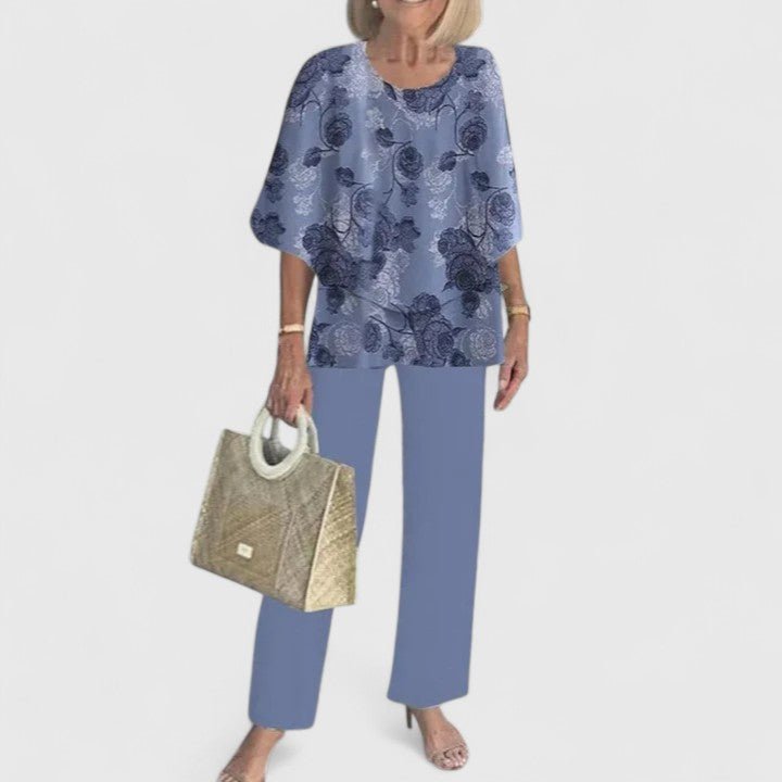 Conjunto para Mujer de Blusa Manga Murciélago con Estampado Botánico y Pantalón Ancho