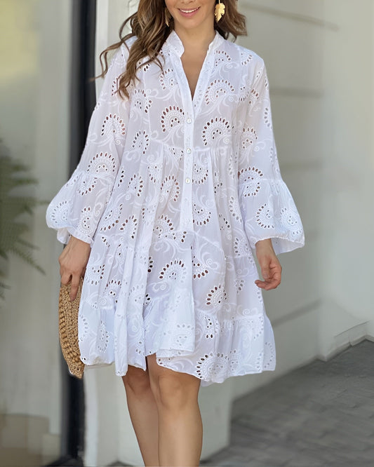 Vestido Camisero Blanco Corte en A con Bordado Inglés y Manga Larga para Mujer