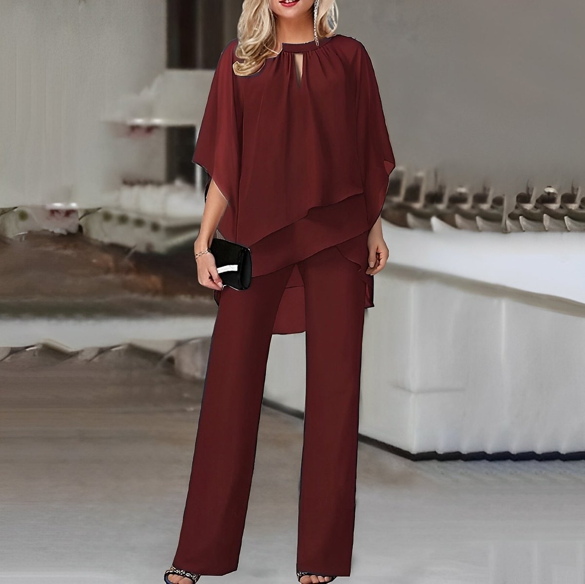 Conjunto de dos piezas de gasa con top a capas y pantalón de pierna ancha para mujer