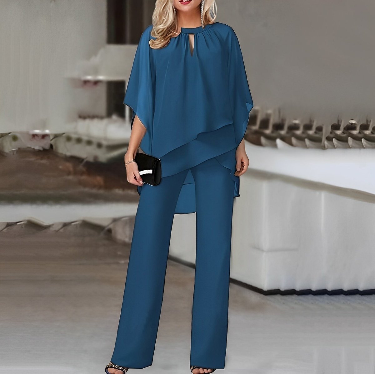 Conjunto de dos piezas de gasa con top a capas y pantalón de pierna ancha para mujer