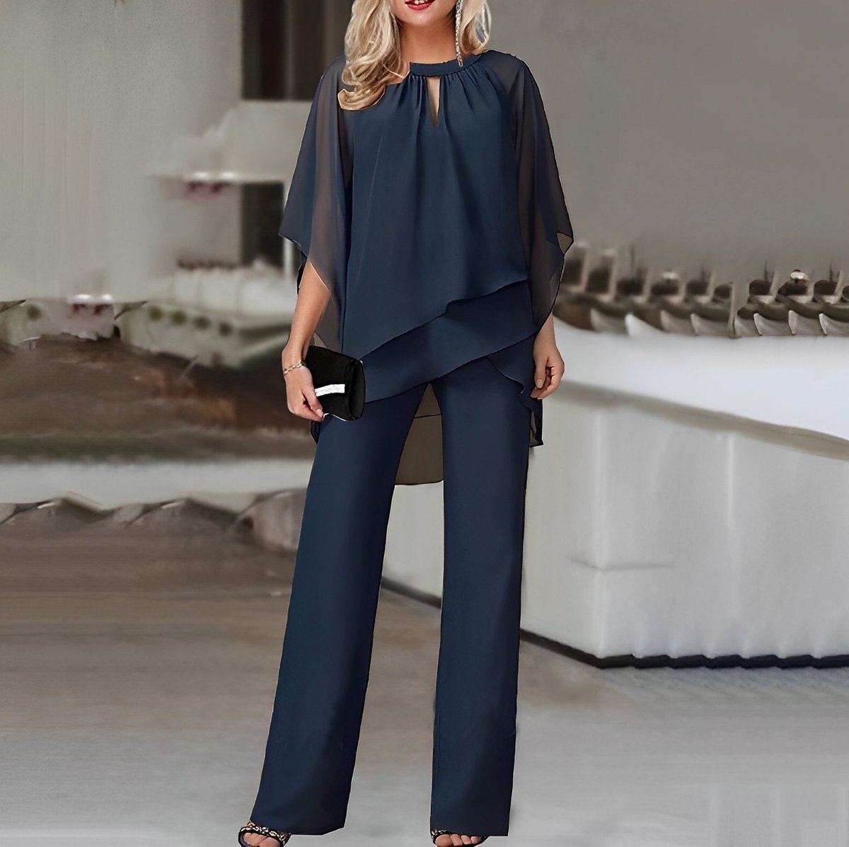 Conjunto de dos piezas de gasa con top a capas y pantalón de pierna ancha para mujer