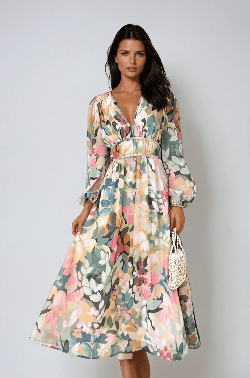 Vestido Midi Floral de Gasa con Cuello en V y Mangas Abullonadas para Mujer