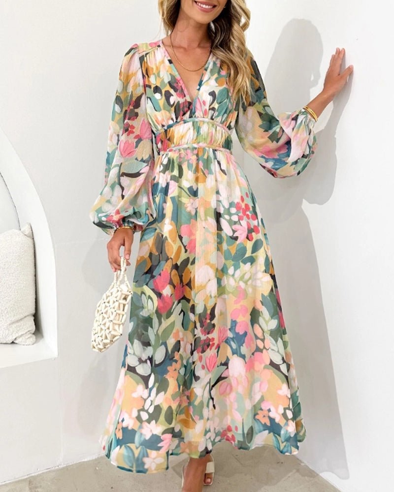 Vestido Midi Floral de Gasa con Cuello en V y Mangas Abullonadas para Mujer
