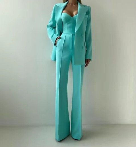Conjunto de Tres Piezas con Blazer, Top Tipo Corsé y Pantalón Ancho para Mujer