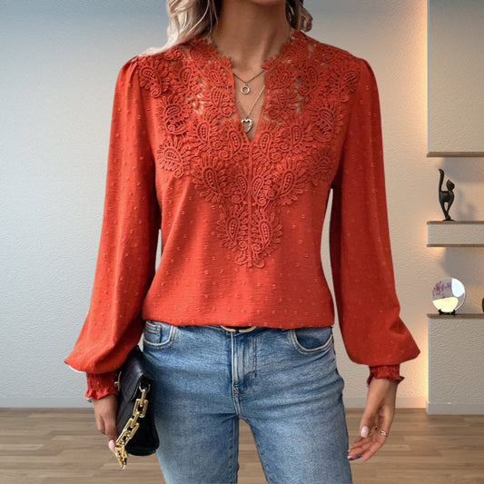 Blusa de Manga Larga con Encaje Floral y Cuello en V para Mujer