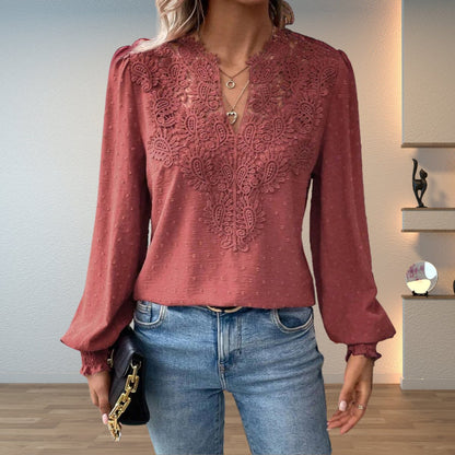 Blusa de Manga Larga con Encaje Floral y Cuello en V para Mujer