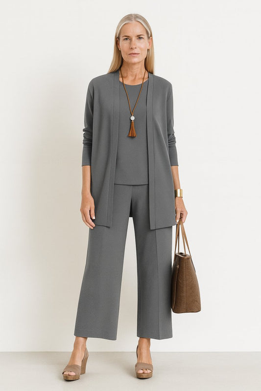 Conjunto de 3 piezas para mujer: cárdigan largo abierto, top y pantalón culotte
