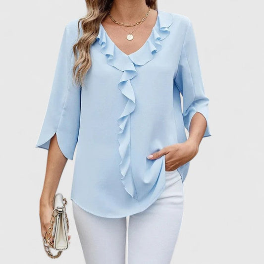 Blusa clásica de manga 3/4 con cuello en V y volantes para mujer
