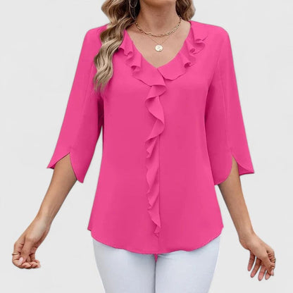 Blusa clásica de manga 3/4 con cuello en V y volantes para mujer