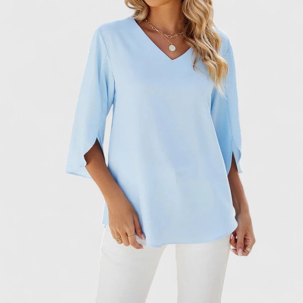Blusa clásica de manga 3/4 con cuello en V y volantes para mujer