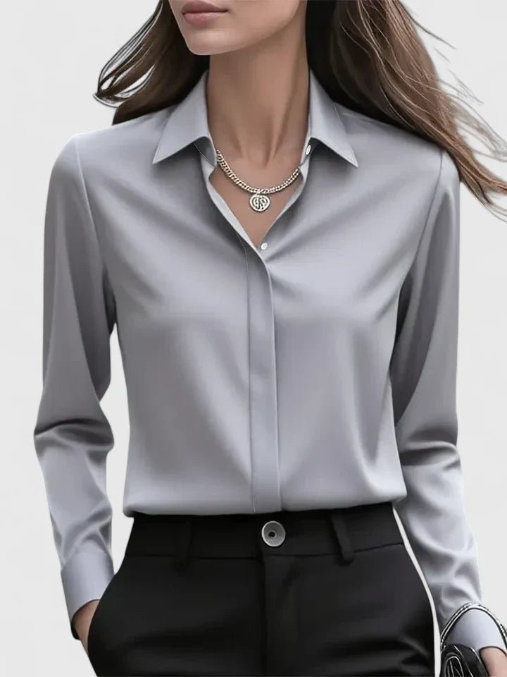 Blusa de Satén de Manga Larga con Botonadura Oculta para Mujer