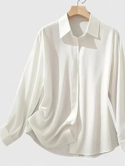 Blusa de Satén de Manga Larga con Botonadura Oculta para Mujer