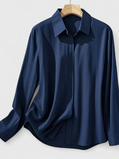 Blusa de Satén de Manga Larga con Botonadura Oculta para Mujer