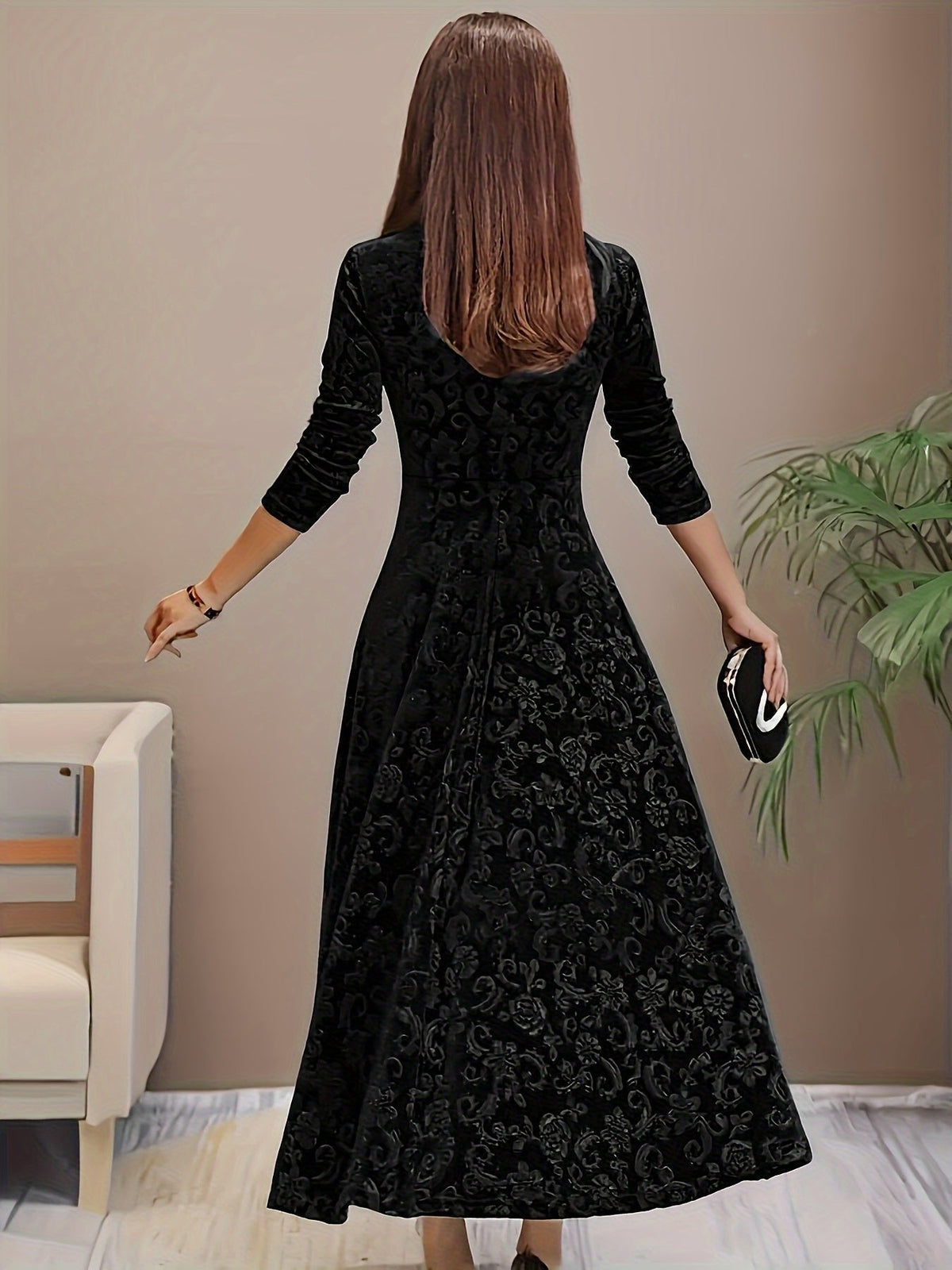 Vestido midi de terciopelo con corte A, escote cuadrado y manga 3/4 para mujer