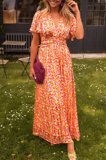 Vestido largo de verano fluido con cuello en V y estampado floral para mujer