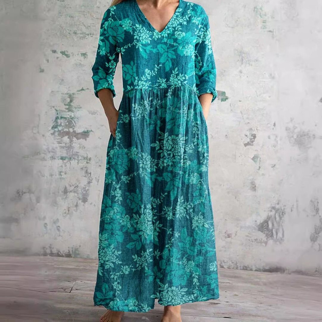 Vestido Maxi de Verano con Cuello en V y Estampado Floral para Mujer